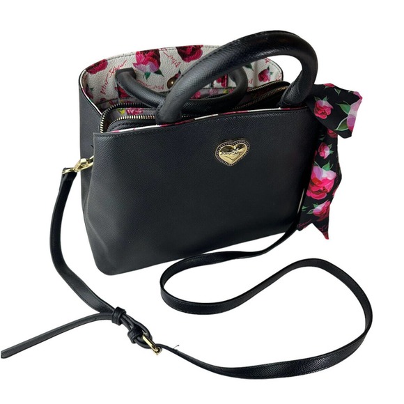 Betsey Johnson Gigi Triple Compartment Satchel W/ Scarf Black Purse Shoulder Bag - Picture 4 of 13